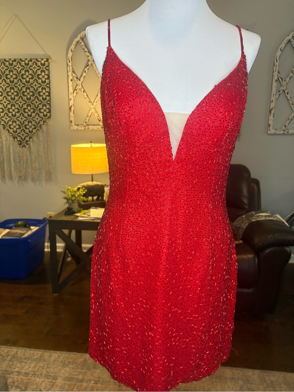Sherri Hill Red Beaded Plunging V-Neck Mini Dress